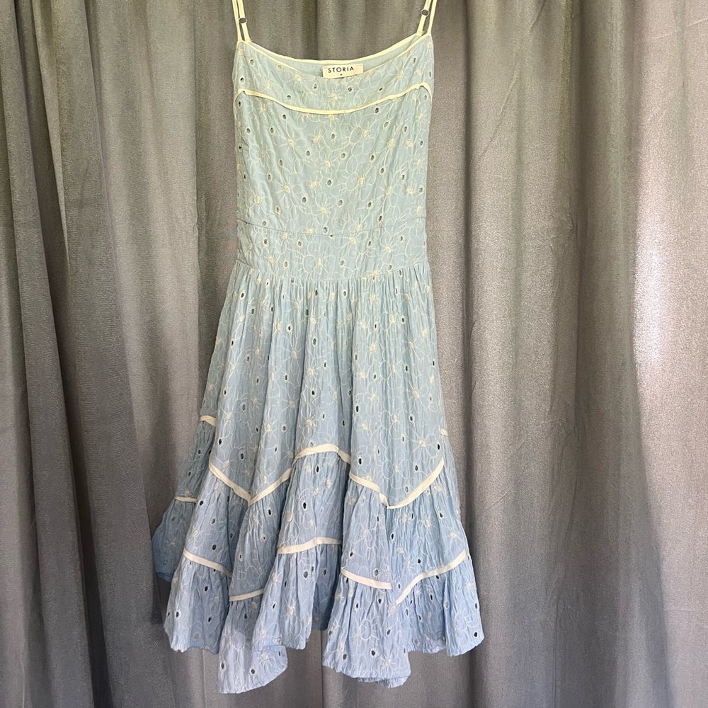 Storia Pale Blue Eyelet Midi Dress with Cream Trim